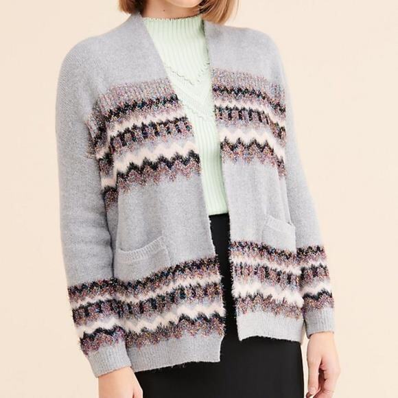 nwt by ANTHROPOLOGIE RAIN+ROSE gray sparkly fringy INTARSIA cardigan - Picture 2 of 4